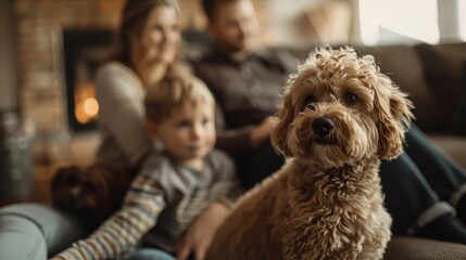 A heartwarming scene of a little boy bonding with his dog while his parents sit in the background, soft lighting and cozy surroundings capturing their connection and joy
