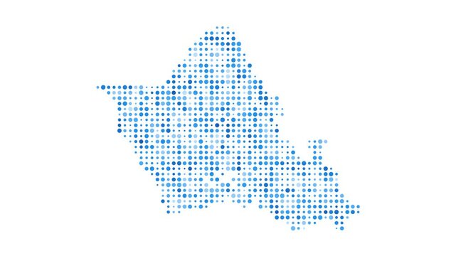 Oahu dotted digital map. Map of Oahu with pulsating colored circles. Shape of the island filled with blue disks. Powerful video.