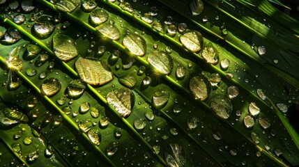 Water droplets reflecting sunlight on a lush tropical leaf.