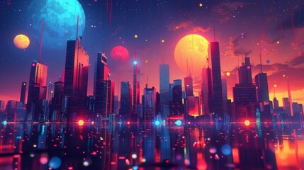 Obraz premium A beautiful landscape of a city with blue and red lights and a blue and red moon in the background.