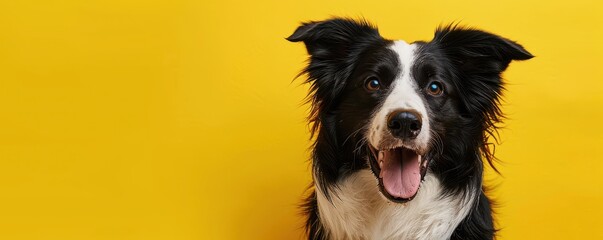 A black and white dog with a curious look on its face on yellow background. Free copy space for banner.