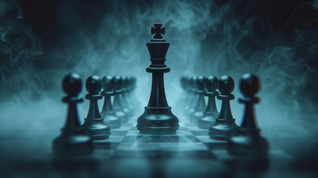 Black chess pieces on a chessboard with a dark background.