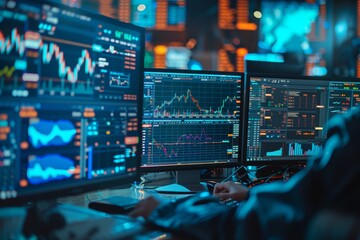 Fototapeta premium Stock Trader's Desk with Multiple Monitors Displaying Real-Time Market Data and Financial Charts