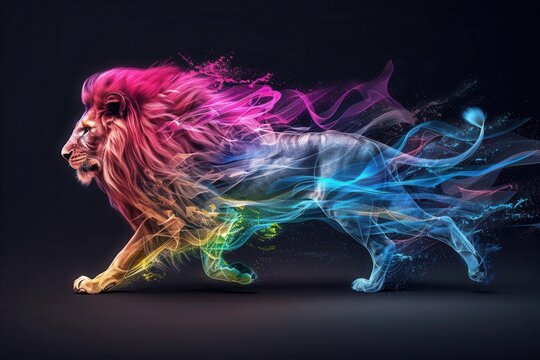 Illustrate a side view of a powerful lion leading a pack using vibrant colors and dynamic lighting effects in a 3D animation style
