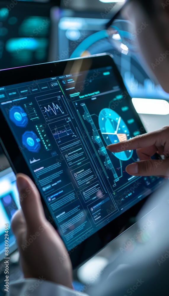 Poster employee accessing interactive remote training module on digital tablet with detailed graphics