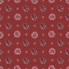 Seamless pattern on a brown background of dried pine cones and anise for a Christmas watercolor illustration in vintage style on a white background. Hand drawn illustration for Christmas cards