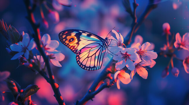 AI Generated Neon Color illustration Beautiful rice paper butterfly on blossoming tree branch