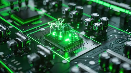 Obraz premium Glowing Green Circuit Board with a Glass Processor