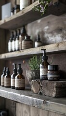 Naklejka premium Handmade Skincare Products on Rustic Wooden Shelves - Natural Beauty Essentials for Organic Skincare