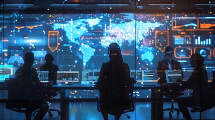 Collaborative Workspace of IT Professionals Discussing Data Solutions in a Modern High-Tech Environment