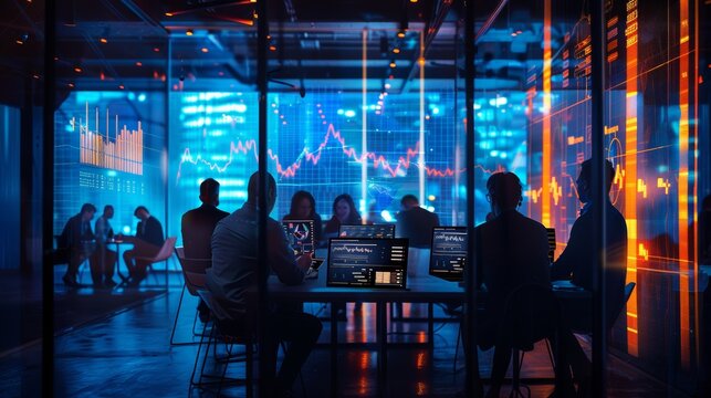 High-Tech Collaborative Workspace for Cryptocurrency Traders Analyzing Investment Trends