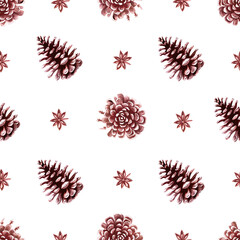 Seamless pattern on a white background of dried pine cones and anise for a Christmas watercolor illustration in vintage style on a white background. Hand drawn illustration for Christmas cards.