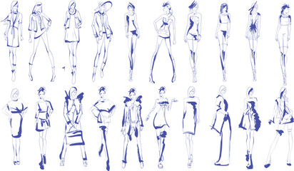Set of young beautiful women in stylish clothes. Fashion sketch.