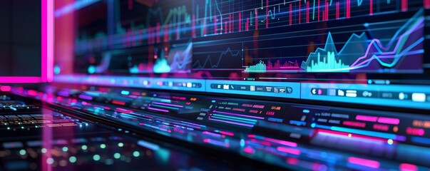 Colorful futuristic stock market trading interface with digital charts and graphs, depicting financial data analysis and technology integration.
