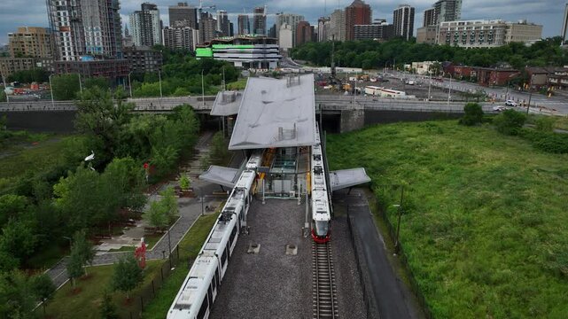 Light rail trains crossing each other in ottawa