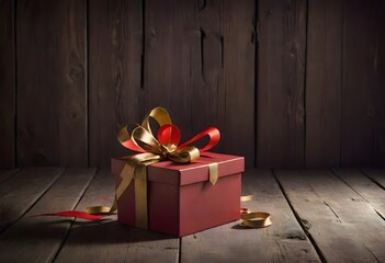 Heart shaped red gift box with a golden ribbon on a wooden surface, Generative AI.
