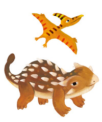 cartoon happy and funny colorful prehistoric dinosaur dino ankylosaurus and quetzalcoatlus pterodactyl bird flying isolated illustration for children © honeyflavour