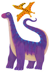 cartoon happy and funny colorful prehistoric dinosaur dino argentinosaurus and quetzalcoatlus pterodactyl bird flying isolated illustration for children © honeyflavour