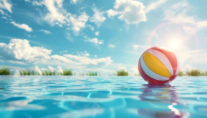 Summer Holidays Background with Colorful Beach Ball Floating on Luxury Swimming Pool