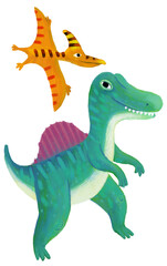 cartoon happy and funny colorful prehistoric dinosaur dino spinosaurus and quetzalcoatlus pterodactyl bird flying isolated illustration for children