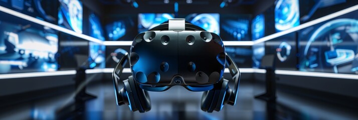 Virtual reality headsets transporting users to new worlds, with realistic 3D environments and interactive elements for gaming and training