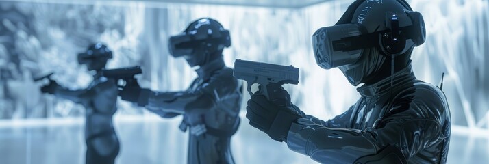 Virtual reality headsets transporting users to new worlds, with realistic 3D environments and interactive elements for gaming and training