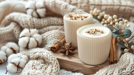 Naklejka premium autumn flat lay composition brown plaid,wooden box,candle decorations cotton cinnamon sticks coffee cup on white background hygge cozy home comfort concept