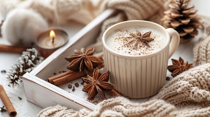 Fototapeta premium autumn flat lay composition brown plaid,wooden box,candle decorations cotton cinnamon sticks coffee cup on white background hygge cozy home comfort concept