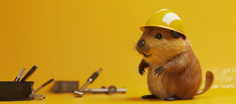 Beaver builder. Cute character with yellow helmet on construction state. Animal rodent handyman on clean yellow background with copyspace for template