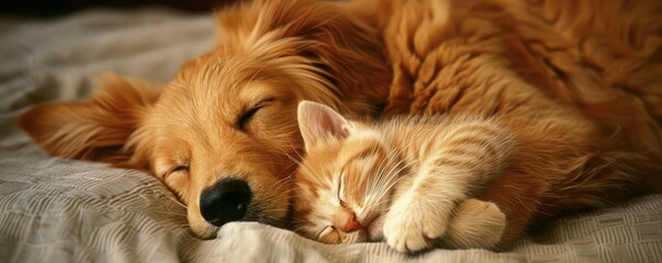 A dog and a cat are sleeping together on a bed.