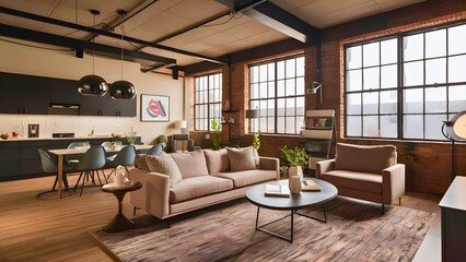 Fototapeta premium A modern living room interior design with a cohesive color scheme, contemporary furniture, and large windows to maximize natural light.