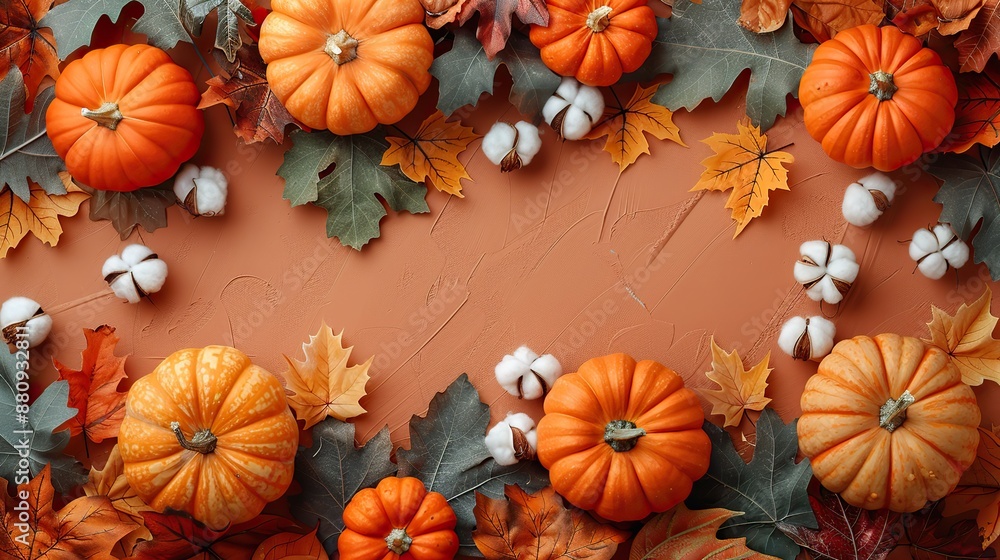 Wall mural autumn flat lay composition,ripe pumpkins fallen maple leaves cotton on pastel brown background top 