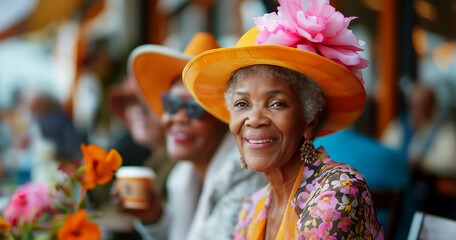 Elegant senior African-American woman with orange hat, having coffee with friends, in outdoor dining area, copy space