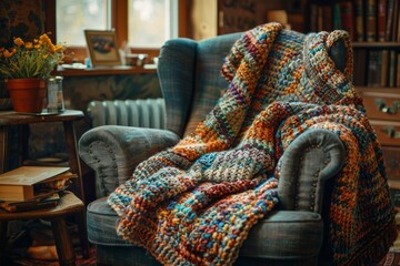Cozy Knitted Afghan Draped on Reading Chair with Stack of Books in Warm, Inviting Setting