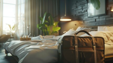 A modern bedroom with an open luggage on the bed, hinting at upcoming travels, soft lighting creating a cozy and anticipatory atmosphere