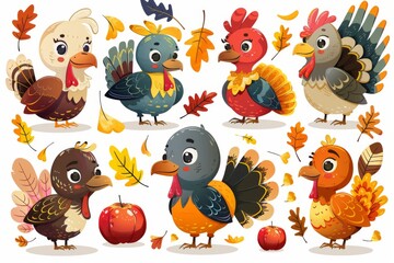 Fototapeta premium Thanksgiving Turkeys & Fall Leaves