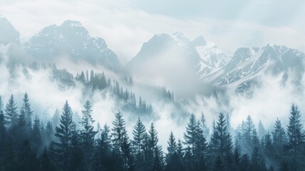 Fototapeta premium beautiful foggy misty mountains and dark fir forests landscape scenic view. breathtaking nature. wallpaper background for ads, prints, web design.
