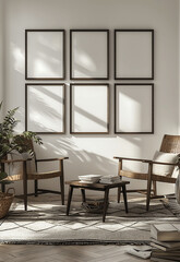 Fototapeta premium Stylish Reading Nook with Six Empty Mock-up Frames and Wooden Furniture in Natural Light