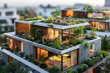 Modern apartments with lush rooftop gardens and large windows, showcasing sustainable urban living and contemporary architectural design.