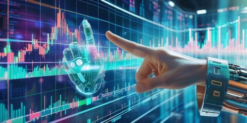 the hand of a cyborg trading robot on a trading platform, against the background of price charts
