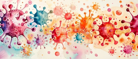 Obraz premium Watercolor depiction of various pathogens under a microscope, soft hues, detailed yet abstract, scientific exploration