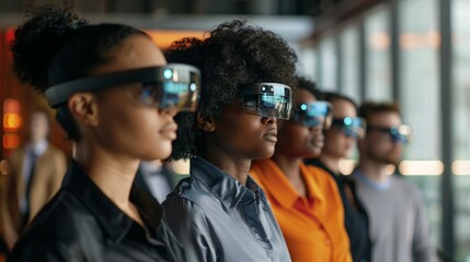 Diverse Team Engaged in Interactive AR Training in a Modern, Well-Lit Office Setting