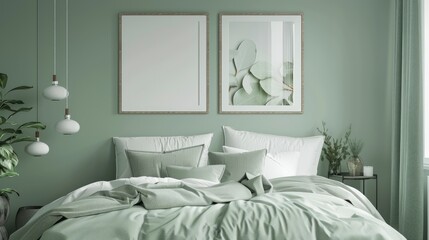 A 3D render of a bedroom interior with light green tones, featuring two blank frames mockup above the bed, ready for artwork or photographs