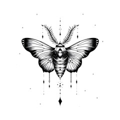 Fototapeta premium Hand drawn Black moth in a minimal linocut style, tattoo design isolated on white background