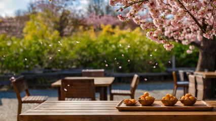 Blossoms and Culinary Artistry: A Harmonious Japanese Tea Time Experience on Wooden Table Beneath Sakura Trees