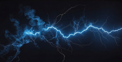 Electrifying Blue Lightning Bolt Against Dark Background with Intricate Branching and Blue-Hued Smoke Capturing Nature’s Raw Power and Beauty