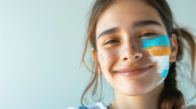 bright image conveys the cheerful mood of a young woman with an Argentine flag on her cheek. on a white background - Powered by Adobe