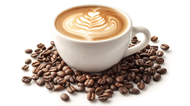 Artistic Latte Presentation with Coffee Beans on White Background