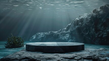 Podium underwater stone stand background seaweed rock product platform sea 3d scene. Display underwater podium dark cosmetic stone pedestal water nature ocean black beauty studio mountain abstract sky