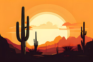 A majestic saguaro cactus stands tall against the setting sun, its silhouette casting a long shadow across the desert sands. 